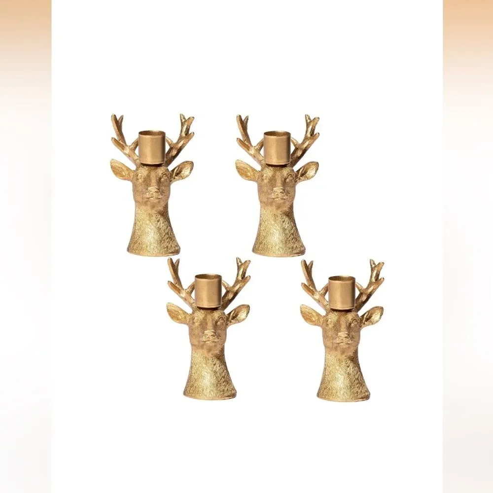 Set of 4 Candlestick Reindeer Candle Holders Brass Gold